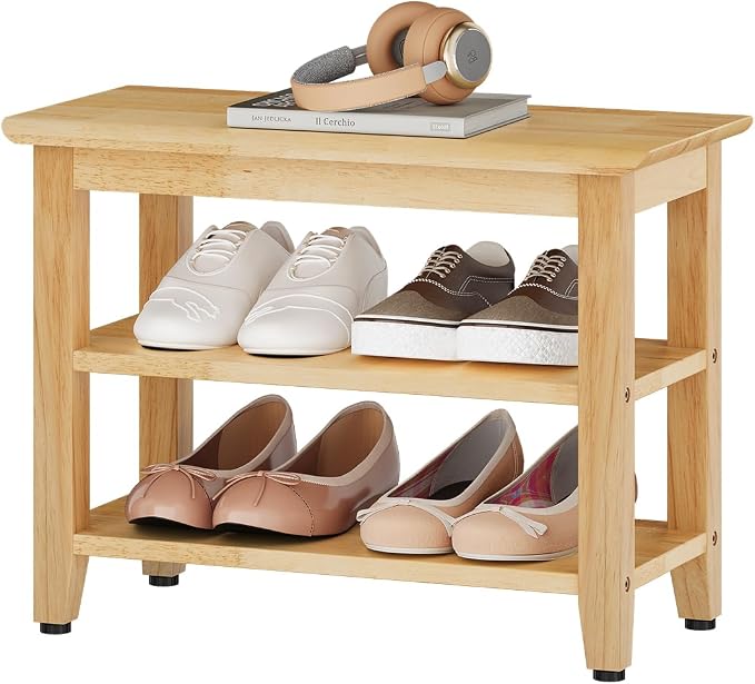 Wood Shoe Bench for Entryway,Bench with Shoe Rack,Storage Shoe Organizer for Hallway,Living Room,Bedroom (Natural, 23.62''W×11.81‘’D×17.71‘’H) by Furshus