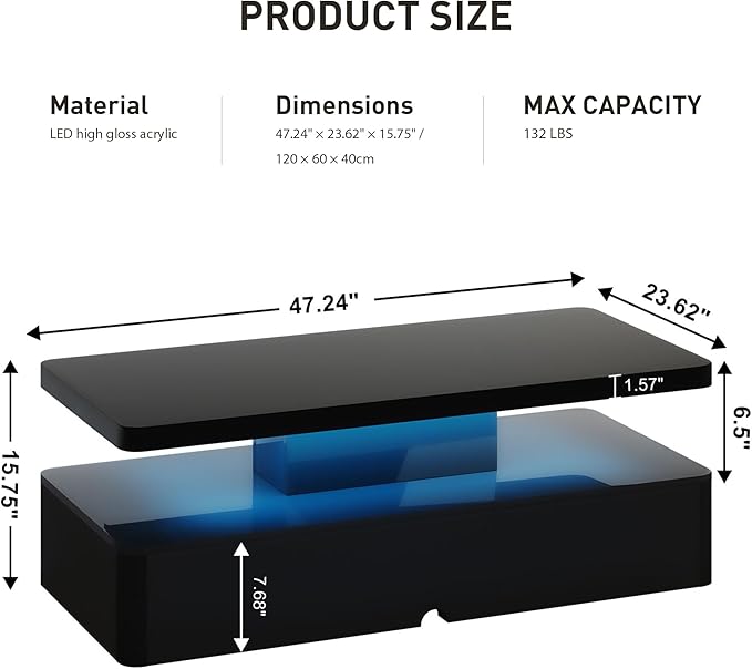 47" Modern Coffee Table with 16 Colors LED Lights, 2 Tier Rectangular Center Table with Large Storage Space, Stylish High Glossy Wooden Tea Tables for Living Room, Bedroom, Home Office, Black