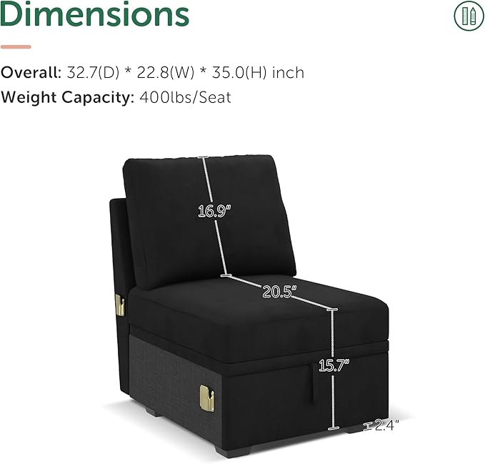 HONBAY Single Seat for Modular Sectional Sleeper Sofa with Pull Out Bed, Customizable Armless Chair for Sectional Couch, Velvet Black
