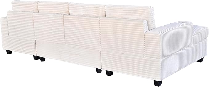 124-Inch Symmetrical Sectional Couch Corduroy Cloud Cushion Upholstered Sofas, U- Shaped Modular Sectional Sofa with Cup Holders and 2 Chaise Lounges for Living Room