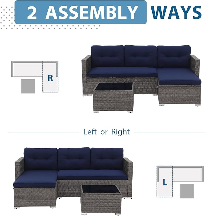 JOIVI Outdoor Patio Furniture Set, Wicker Conversation Set with Tempered Glass Coffee Table, All-Weather Rattan Furniture Small Sectional Sofa Set, L-Shaped Outdoor Seating with Cushions, Navy Blue