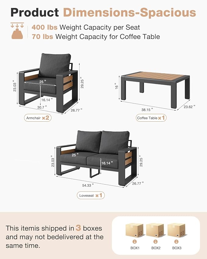 Aoxun Aluminum Patio Furniture Set, 4 Piece Luxury Outdoor Sectional with 6" Olefin Fabric Cushions, Patio Conversation Sets with Coffee Table and Waterproof Cover for Backyard, Porch Dark Grey
