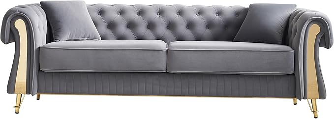 KEIKI 89" Chesterfield Velvet Button Tufted Sofa with High Density Foam Cushions and 2 Toss Pillows, Modern Style 3-Seater Couch with 4 Gold Metal Leg, Easy Assembly, for Living Room, Apartment, Grey