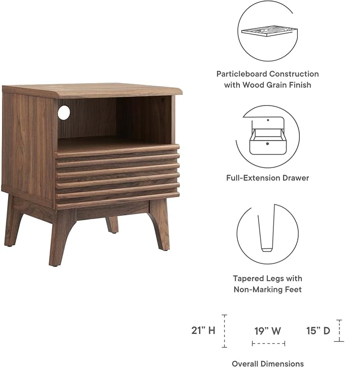Modway Render Mid-Century Modern, One-Drawer Nightstand, Walnut - Image 7