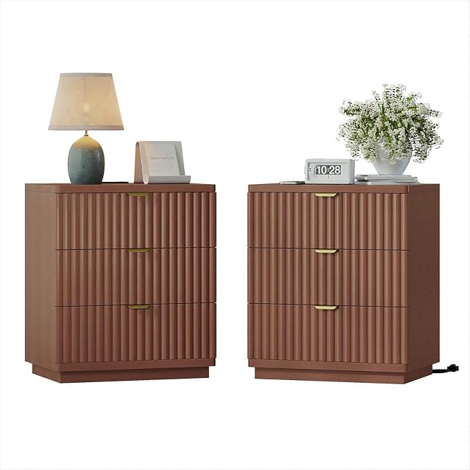 Nightstand with Charging Station, Wood Night Stand with 3 Drawers Storage Bedside Table Large Fluted Bed Side End Table, Modern Nightstand for Bedroom Living Room (Walmut) - Image 9