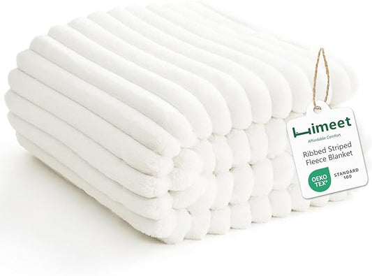 HIMEET Off White Ribbed Throw Blanket for Couch - 300GSM Lightweight Soft Fleece Blanket for Women, Cozy Blankets for Mothers Gifts, Striped Spring Home Room Decor, Off White, 50x60 Inches