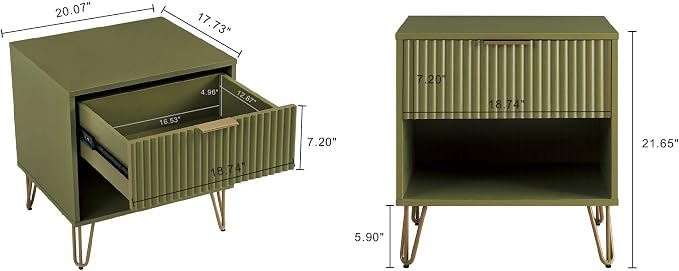Manhattan Comfort Dumbo Modern Nightstand 1.0 with 1 Drawer and Metal Feet | Splayed Gold Legs | Vertical Ribbed Design | No Tool Assembly Storage for Bedroom & Living Room, Set of 2, Olive Green - Image 3