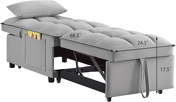 3 in 1 Convertible Sleeper Sofa Chair, Velvet Tufted Single Pull Out Couch Bed with Adjustable Backrest and Pillow