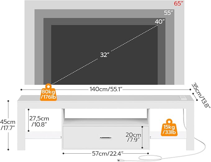 HOOBRO LED TV Stand with Power Outlets to 65 inch TV, Gaming Entertainment Center with Glass Shelves and Large Drawer, Modern Media TV Console Table for Living Room Bedroom, White WT14UDDS01 - Image 3