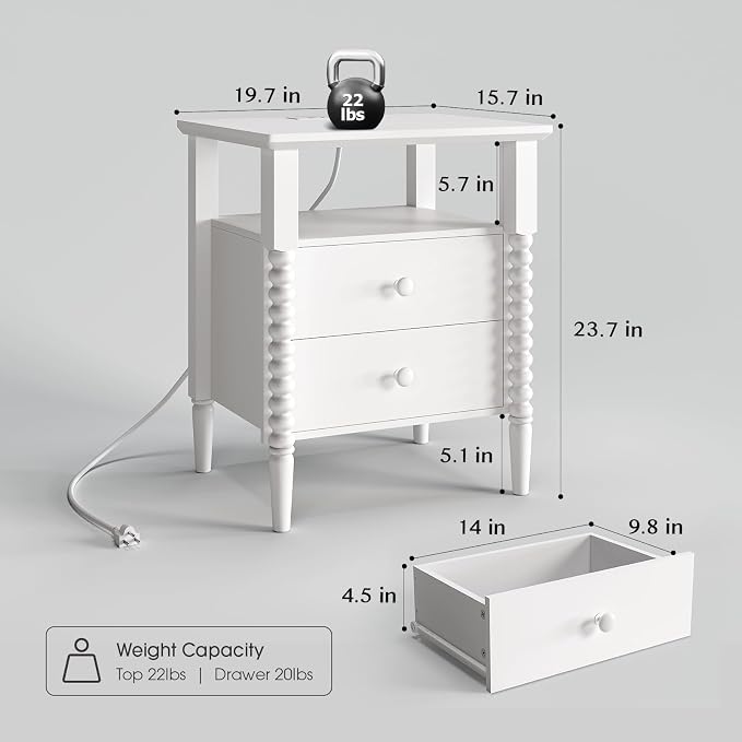JOINICE White Night Stand Set 2, Vintage Nightstand with Charging Station, Bedside Table with 2 Drawers, End Table with Solid Wood Legs, Bed Side Tables for Bedroom, White - Image 2
