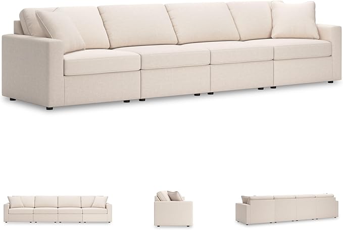Signature Design by Ashley Modmax Coastal Modular Stain Resistant 4-Piece Sofa with Reversible Cushions and 2 Accent Pillows, Beige