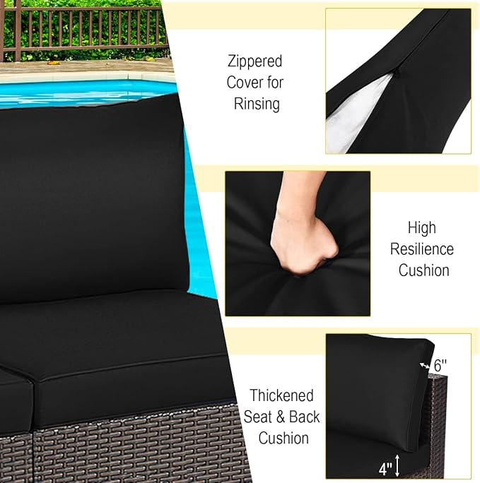Tangkula 2 PCS Outdoor Wicker Armless Sofa, Patio Rattan Sectional Sofa Set w/2 Thick Seat Cushions and 2 Back Cushions, Additional Seats for Balcony Garden Patio Poolside (Brown)