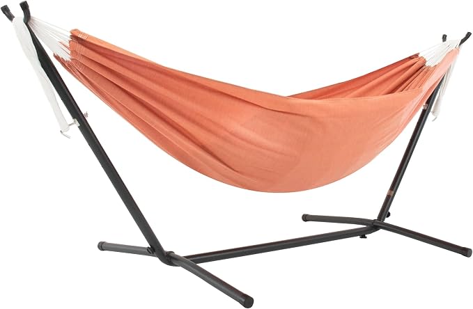 Vivere Double Sunbrella Hammock with Space-Saving Steel Stand, Heavy-Duty Portable Outdoor Hammock Set for Backyard, Patio, or Travel, Coral by Vivere