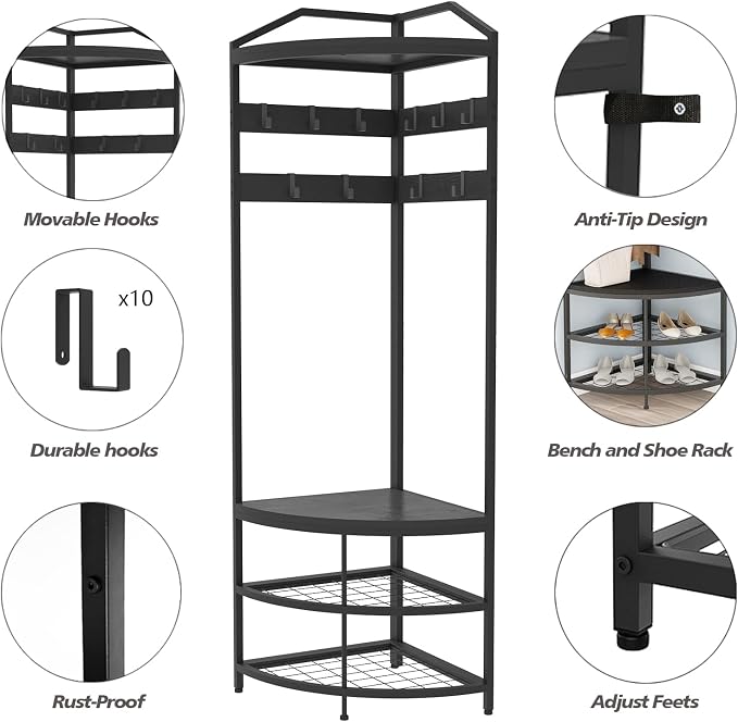 GiftGo Corner Hall Tree with Shoe Bench Entryway Coat Rack with 10 Metal Movable Hooks Freestanding Clothes Rack Shoes Shelf Organizer for Home Office Bedroom (Black) - Image 6