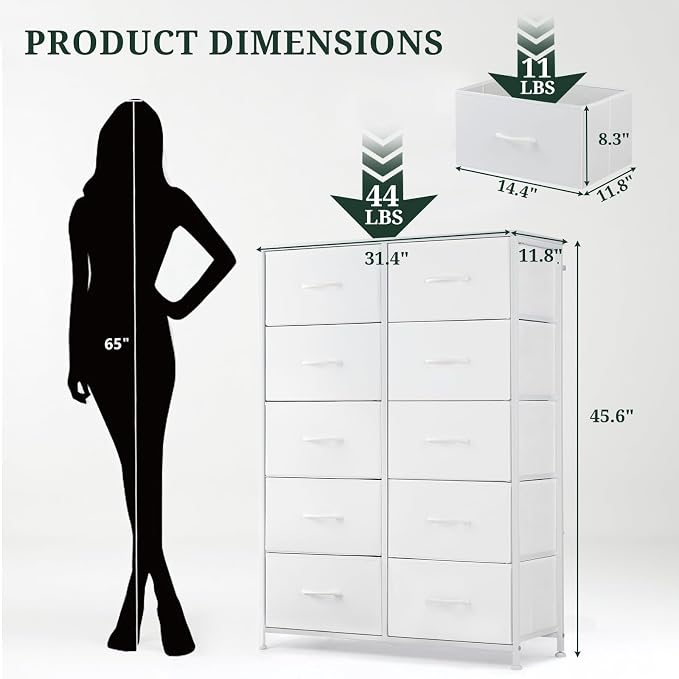 10-Drawer Dresser for Bedroom, Anti-Tip Tall Storage Organizer Chest of Drawers with Wooden Top and Metal Frame Fabric Bins for Closet, Living Room, Hallway, Entryway, White - Image 3