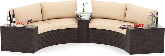Tangkula 5 Pieces Patio Furniture Set, PE Rattan Half-Moon Curved Sectional Sofas with Tempered Glass Top Side Tables, Outdoor Conversation Set for Porch, Backyard & Poolside (Beige)