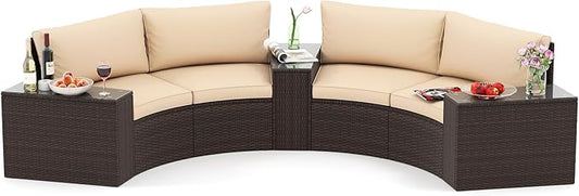 Tangkula 5 Pieces Patio Furniture Set, PE Rattan Half-Moon Curved Sectional Sofas with Tempered Glass Top Side Tables, Outdoor Conversation Set for Porch, Backyard & Poolside (Beige)