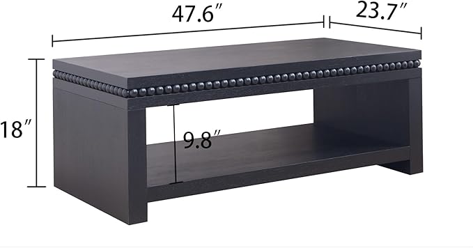 Rectangular Coffee Table with Real Wood Beads, Rustic Wooden Center Table with Open Storage Shelf, Farmhouse Tea Table for Living Room Apartment Office,47.6" L x 23.7" W x 18" H