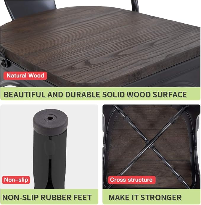 FDW | Metal Dining Chairs with Wooden Seat | Set of 4 | Black | Stackable Tolix Side Chairs with Backrest | Scratch-Resistant | Non-Slip Feet | Indoor/Outdoor Use | 330 lbs | for Dining & Kitchen - Image 6