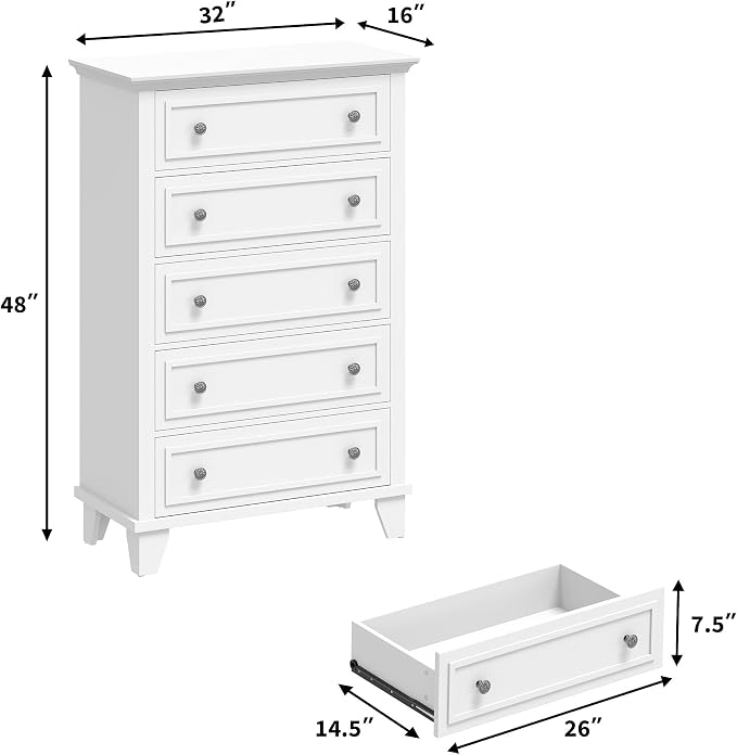 GAOMON White 5 Drawer Dresser for Bedroom, 48" Tall Wood Dresser & Chests of Drawers with Deep Drawers, Modern Chest Organizer with Metal Handles for Living Room, Hallway, Entryway - Image 2