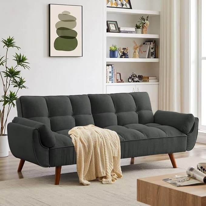 Convertible Futon Sofa Bed, Modern Futon Couch with 2 Pillows, Small Futons Couch with Adjustable Armrest & Backrest, Loveseat Sofa Bed for Living Room, Bedroom, Black