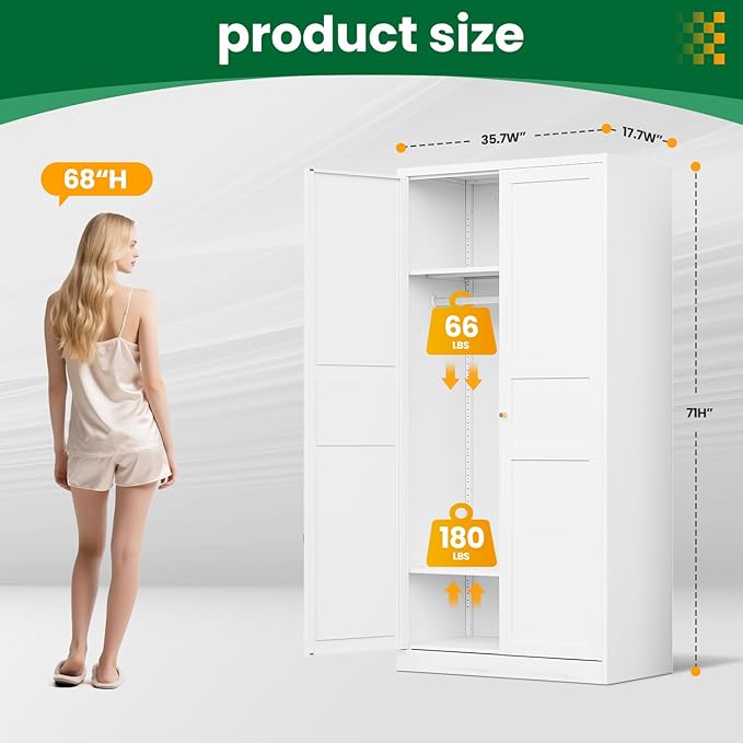 Metal Armoire Wardrobe Closet Cabinet,White Armoire Wardrobe Closets Storage Cabinets with Doors and Adjustable Shelves for Laundry Room,Bedroom,Bathroom