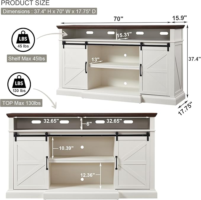 Farmhouse TV Stand for 80 Inch TVs, 37.4"Tall Entertainment Center w/Storage Cabinets and Sliding Barn Door, Media Console Cabinet w/Soundbar & Adjustable Shelves for Living Room, 70 inch (White) - Image 2