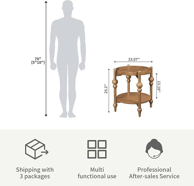 LKTART Nesting End Table for Living Room,Round Solid Wood Frame Nest Side Tables with Storage,Retro Accent Center Table for Small Space Apartment (25''D×24''H-Natural)
