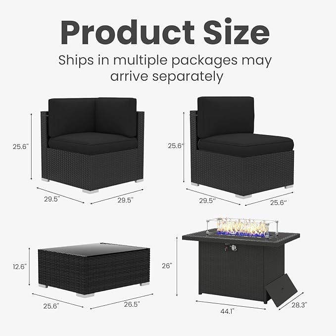 10 Pieces Patio Furniture Set with 44" Propane Gas Fire Pit Table, Outdoor Sectional Wicker Conversation Sofa Sets with Coffee Table