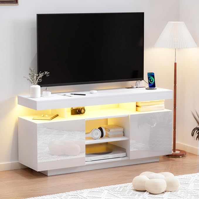 HOMMPA LED TV Stand for 55/50/43/40/32 inch TV Modern Entertainment Center with Power Outlets, Gaming Console Storage Media Table with LED Lights Game Cabinet for Living Room White by Hommpa