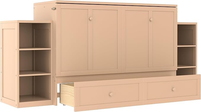 Bellemave Queen Size Murphy Bed, Cabinet Bed with 2 Shelves and Storage Drawers, Farmhouse Murphy Cabinet, Noisy Free, for Guest Bedroom, Living Room, Office, Golden