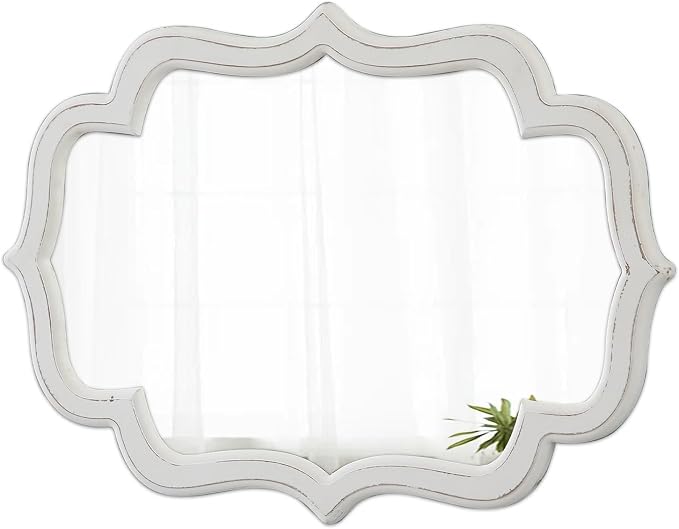 Vintage Oval Wall Mirror 22 X 30 Inch, Hanging Distressed White Scalloped Rustic Wood Wall Mirrors for Bathroom Bedroom Living Room, Farmhouse Entryway Mirror, Horizontal or Vertical by Sintosin