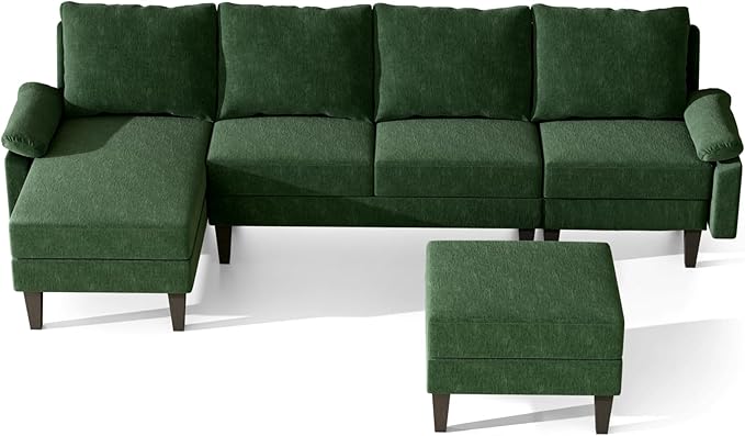 Sectional Couches for Living Room Furniture Sets, 4 Seat Modular Sectional Sofas for Living Room Set with Removable Ottoman, L Shaped Couch Set with 2 Armrest for Apartment, Green