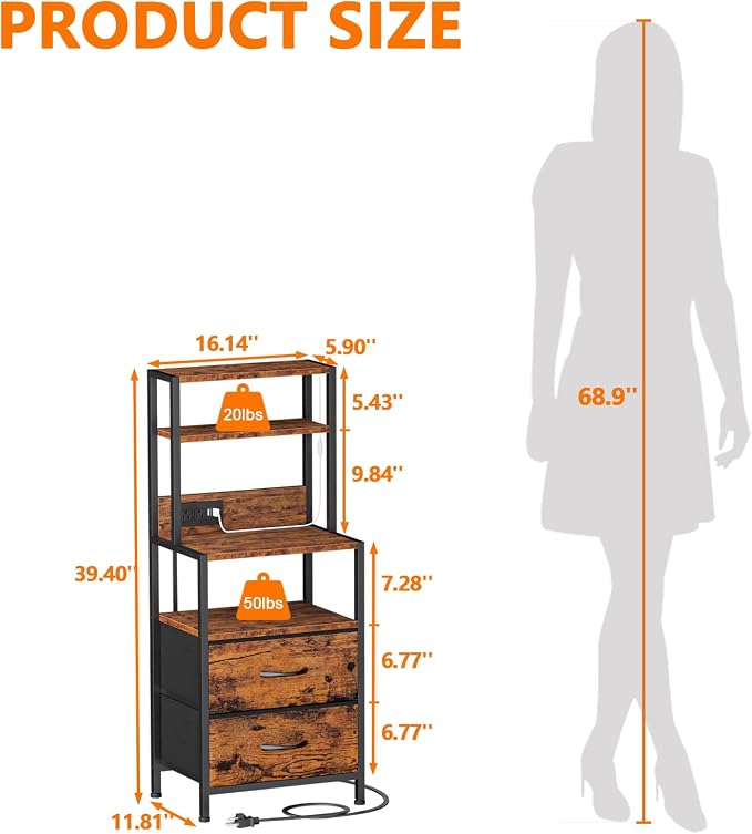 Furnulem Night Stand, Tall Nightstand with 4-Tier Shelves, 2 Fabric Drawers and LED Lights, Bed Side Tables with Charging Station, Bedside Table for Bedroom, Office, Rustic Brown - Image 2