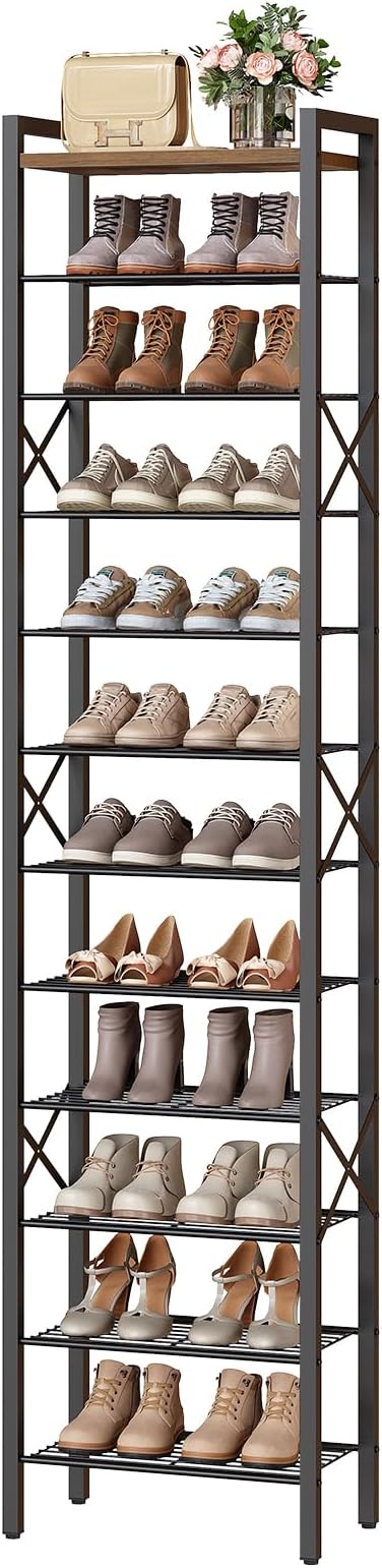 YATINEY 12-Tier Narrow Shoe Rack, Tall Shoe Rack for 12-24 Pairs, Slim Shoe Storage Organizer with Wooden Top, Space Saving, Metal Frame, for Entryway, Rustic Brown and Black SS61BR - Image 8
