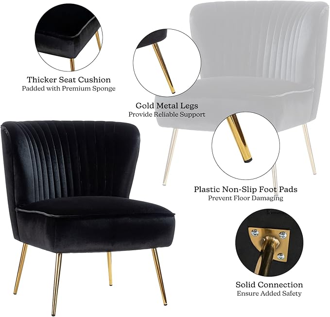 HULALA Home Velvet Accent Chair Set of 2, Modern Armless Upholstered Side Chair with Glam Gold Metal Legs for Vanity Living Room Bedroom - Black