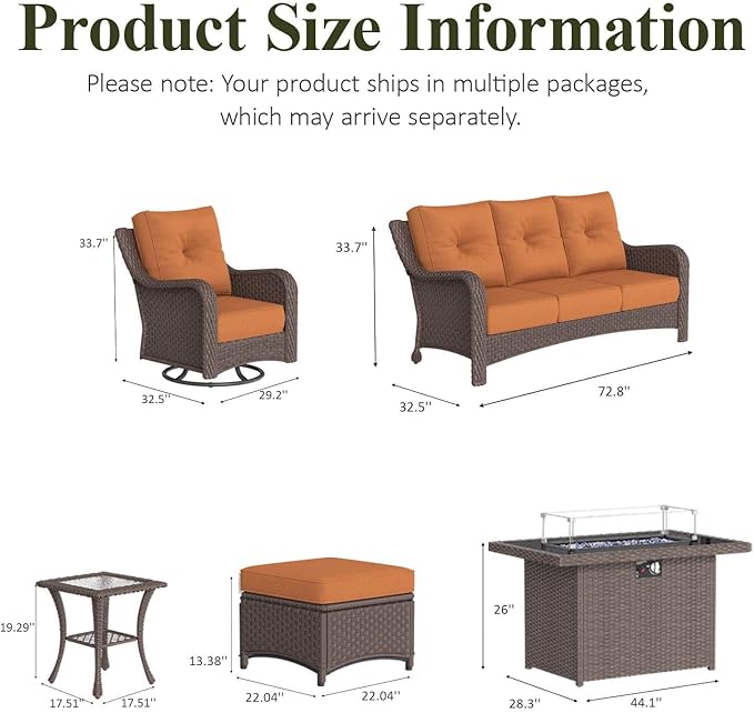 LayinSun 8 Piece Wicker Outdoor Furniture Set with 6-inch Comfy Cushions, High Back Patio Furniture Set with Swivel Rocking Chairs and Fire Pit Table