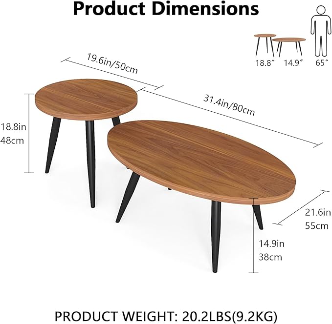 2-Piece Nesting Coffee Table Set, Oval & Round Mid-Century Modern Side Tables with MDF Tabletop & Metal Tapered Legs, Accent Table Set for Living Room, Small Spaces (Walnut)