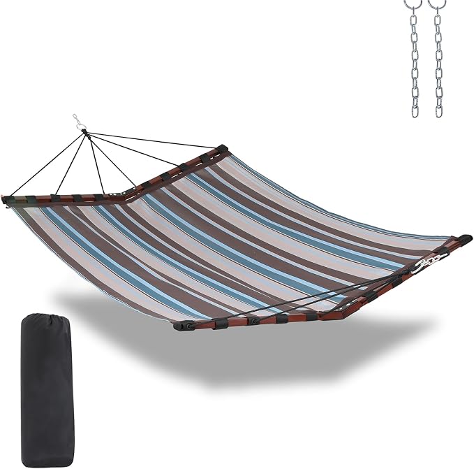 TegerDeger 12FT 2 Person Hammock Large Hammock Quick Dry 450LB Capacity with V Shaped Hardwood Spreader Bar & Nylon Rope for Outside, Patio, Garden, Backyard, Beach, Poolside - Brown Stripes by Tegerdeger