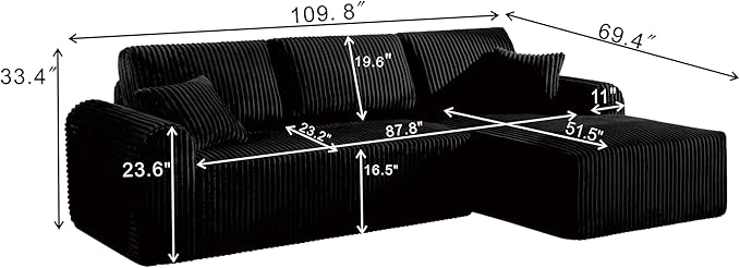 109-Inch L-Shaped Right Facing Boneless Corner Sofa 2 PCS Modular Sectional Cloud Sofa Couch with Chaise Lounge and Toss Pillow, Corduroy Boneless L-Shaped Couches