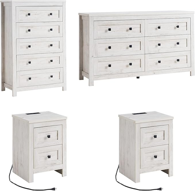 LUXOAK 4 Pieces Farmhouse Bedroom Set, 1 X Wood Rustic 6 Drawer Storage Dresser, 1 X 5 Drawer Dresser, Nightstand Set of 2 with Charging Station, Farmhouse Bedroom Furniture Set, Rustic White