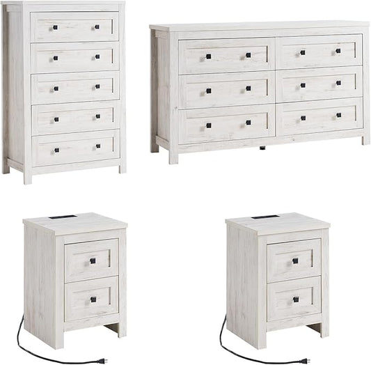 LUXOAK 4 Pieces Farmhouse Bedroom Set, 1 X Wood Rustic 6 Drawer Storage Dresser, 1 X 5 Drawer Dresser, Nightstand Set of 2 with Charging Station, Farmhouse Bedroom Furniture Set, Rustic White