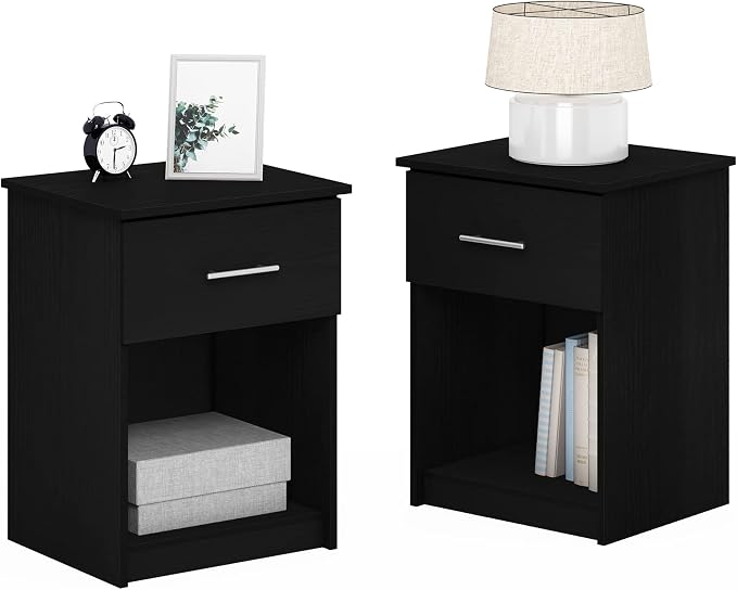 Furinno TIDUR Night Stand Set of 2, Modern Nightstand with Drawer and Open Shelf, End Table, Side Table, for Bedroom, Closet, Dorm, Dark Americano by Furinno-FitsYourSpaceFitsYourBudget