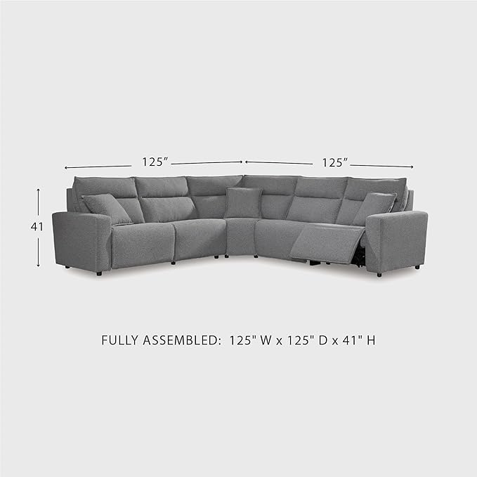 Signature Design by Ashley Modern ModMax II Stain Resistant L-Shape Symmetrical 5-Piece Power Reclining Sectional, Adjustable Headrest and USB Charging Ports, Gray