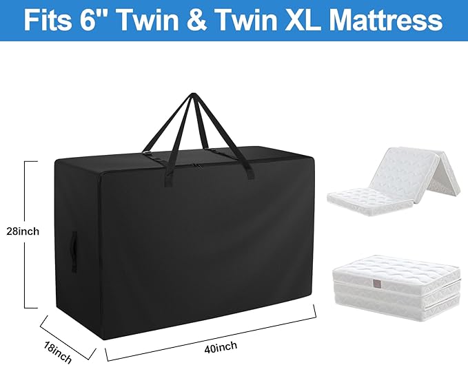 Folding Mattress Bag - 600D Oxford Cloth Heavy Duty Carry Case for Tri-Fold Guest Bed Mattress (Fits 6" Twin & Twin XL Mattress, Black)