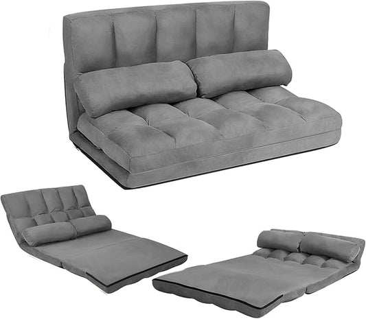KOMFOTT Adjustable Floor Sofa Bed, Foldable Lazy Sofa Sleeper with 6 Position Backrest & 2 Pillows, Convertible Futon Couch with Suede Cloth Cover, Lounge Recliner for Living Room