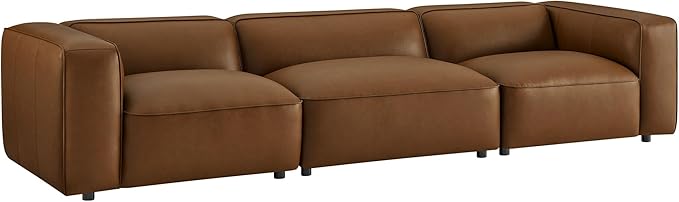Modway Auren Vegan Leather 3 Piece Modular Sofa in Coffee - Faux Leather 3 Seater Couch - Comfy Mid Century Modern PU Leather Sofa for Living Room, Apartment, Loft