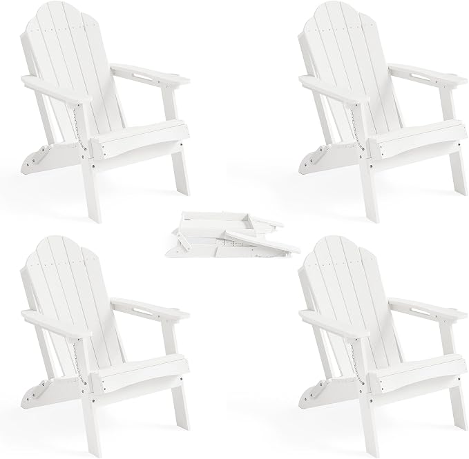 LUE BONA HDPE Folding Adirondack Chairs Set of 4 - Weather Resistant Seating with Cup Holder for Patio, Fire Pit, Deck & Resort Garden, White by LUEBONA