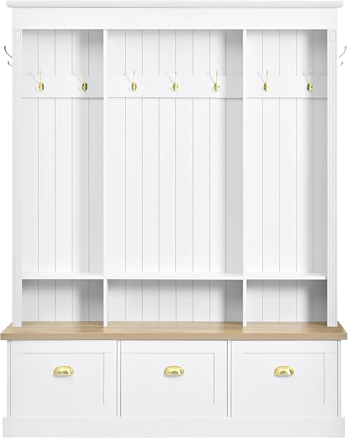 LUMISOL Hall Tree with Storage Bench and Shoe Storage, Coat Rack with Shelves and 9 Hooks, LED Light Entryway Bench with 3 Large Cabinets, for Entrance Mudroom Living Room, White - Image 3