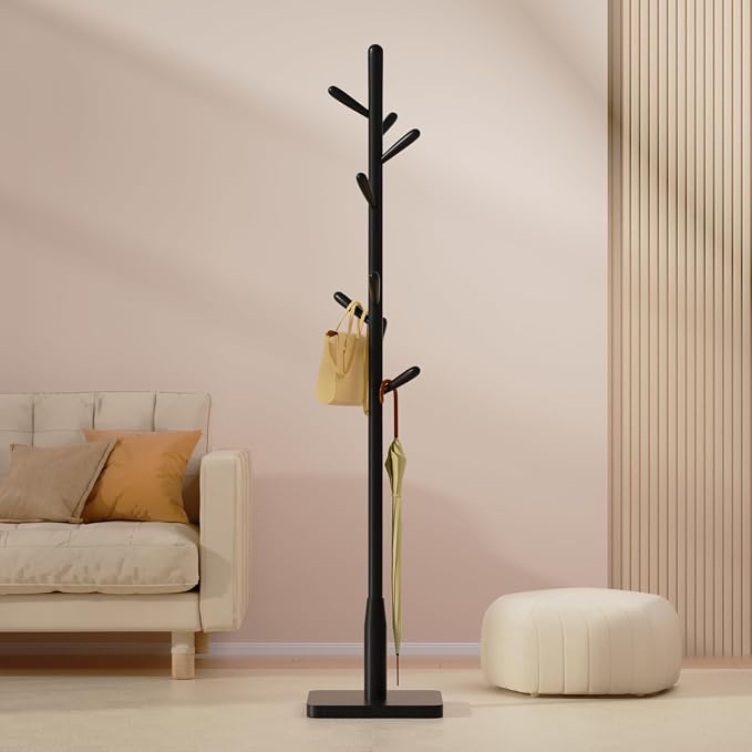 Solid Wood Square Base Coat Rack, Free Standing Hall Coat Tree with 8 Hooks（+2 spare for Coats, Hats, Bags, Purses, for Entryway, Hallway, Rubberwood Hooks,Base and Pole,(Square Base, Black) - Image 5